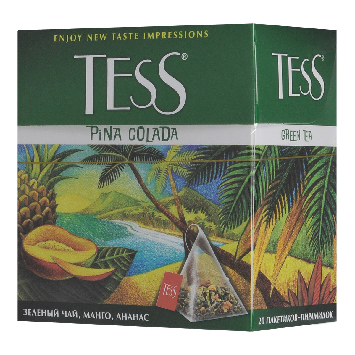 Tess Pina Colada зеленый чай в пирамидках, 20 шт0787-12 Tess Pina Colada зеленый чай в пирамидках, 20 шт0787-12Играя ароматными мячиками манго и ананаса, в которых спряталось тропическое солнце, классический зеленый чай Tess Pina Colada в пирамидках превращается в экзотический напиток и дарит ни с чем не сравнимое ощущение легкости и свободы.