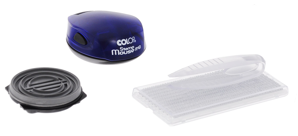 Colop Печать самонаборная карманная Stamp Mouse R 40/1,5-SetStampMouseR40/1.5 Colop Печать самонаборная карманная Stamp Mouse R 40/1,5-SetStampMouseR40/1.5Печать самонаборная карманная Colop Stamp Mouse R 40/1,5-Set - это суперкомпактная и функциональная оснастка с рифленой пластиной для набора круглых печатей. Печать удобна для использования как в офисе, так и в поездке. Оптимальный размер клише при минимальном размере корпуса. Встроенная подушка синего цвета несменная (заправляется краской). Верхняя часть идеальна для тампопечати рекламной информации. В комплекте: печать со встроенной подушкой, пинцет, касса А. Крепление символов на одной ножке, экспресс-набор текста. Диаметр печати - 40 мм, 1,5 круга. Касса букв А (высота шрифта - 2,2 мм, шрифта для выделения - 3,1 мм).