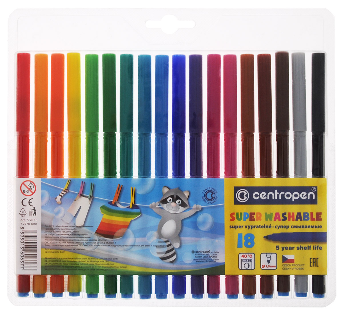 Centropen Набор фломастеров Super Washable 18 цветов7770/18 Centropen Набор фломастеров Super Washable 18 цветов7770/18Набор Centropen состоит из 18 разноцветных фломастеров, наполненных суперсмываемыми современными чернилами, которые пишут особенно долго, легко смываются с рук даже холодной водой и очень легко отстирываются при температуре +40°С. Чернила обладают великолепными яркими и выразительными цветами. Корпус фломастеров изготовлен из полипропилена, продлевающего срок службы. Также фломастеры снабжены вентилируемыми колпачками, благодаря которым они не высыхают в течение 5 лет. Такие фломастеры отлично подойдут и для школьных занятий, и просто для рисования. Диаметр наконечника: 1,8 мм. Рекомендовано детям от 3-х лет.