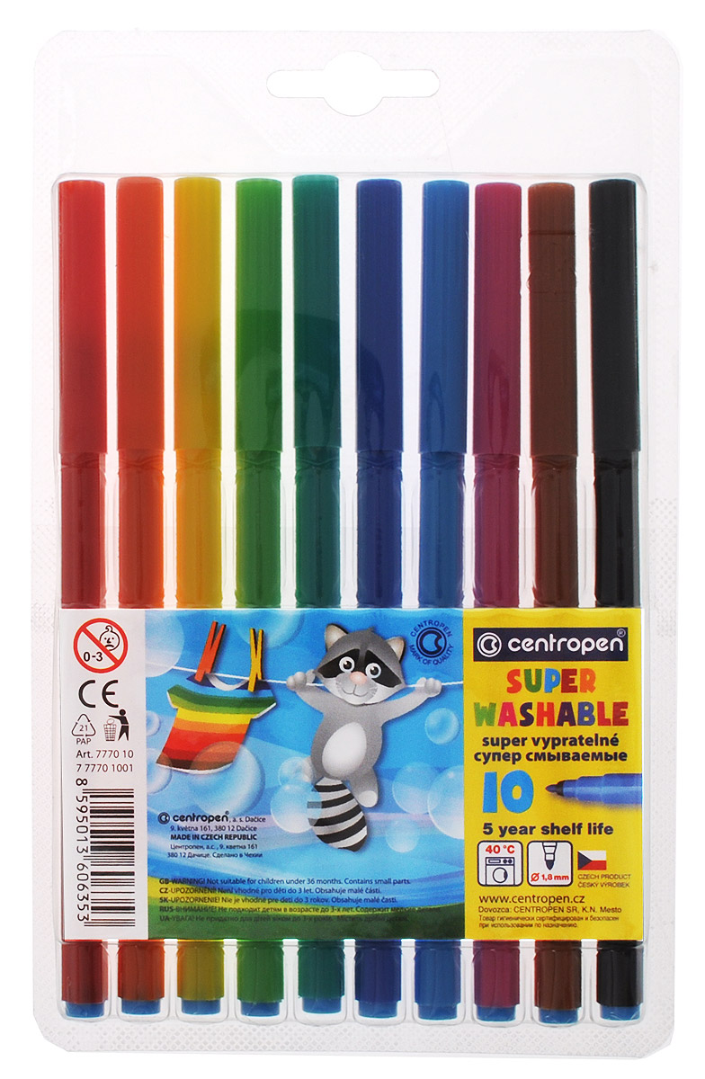 Centropen Набор фломастеров Super Washable 10 цветов7770/10 Centropen Набор фломастеров Super Washable 10 цветов7770/10Набор легкосмываемых цветных фломастеров Centropen Super Washable. Безопасные для здоровья чернила смываются с рук даже холодной водой и легко отстирываются при температуре +40°С. Корпус фломастеров изготовлен из полипропилена, продлевающего срок службы. Вентилируемые колпачки предохраняют от преждевременного высыхания в течение 5 лет. Фломастеры имеют цилиндрический пишущий узел, устойчивый к вдавливанию. В наборе 10 ярких разноцветных фломастеров. Диаметр наконечника: 1,8 мм. Рекомендовано детям от 3-х лет.