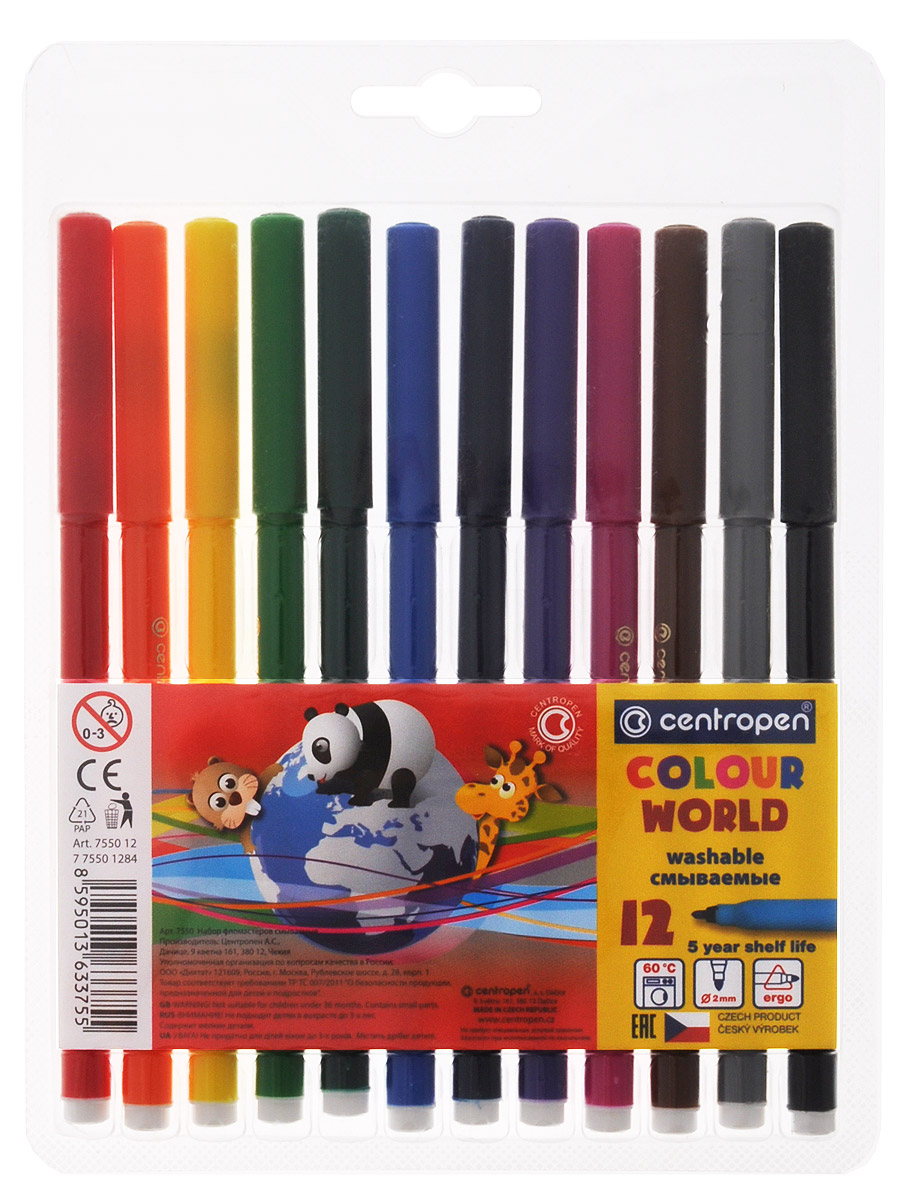 Centropen Набор фломастеров Colour World 12 цветов7550/12 TP Centropen Набор фломастеров Colour World 12 цветов7550/12 TPЦветные смываемые фломастеры Colour World от Centropen всегда помогут вашему маленькому художнику во всех его творческих начинаниях. Фломастеры оснащены вентилируемым колпачком и имеют эргономичную треугольную зону обхвата. Они предназначены не только для рисования, но и для письма. Фломастеры смываются с рук даже холодной водой и очень легко отстирываются с одежды при температуре +60°С. Корпус каждого фломастера выполнен из полипропилена, а благодаря вентилируемым колпачкам они сохраняют свои свойства, не высыхая, минимум 3 года. Также фломастеры имеют цилиндрический пишущий узел, устойчивый к вдавливанию. Рекомендуемый возраст от 3-х лет.