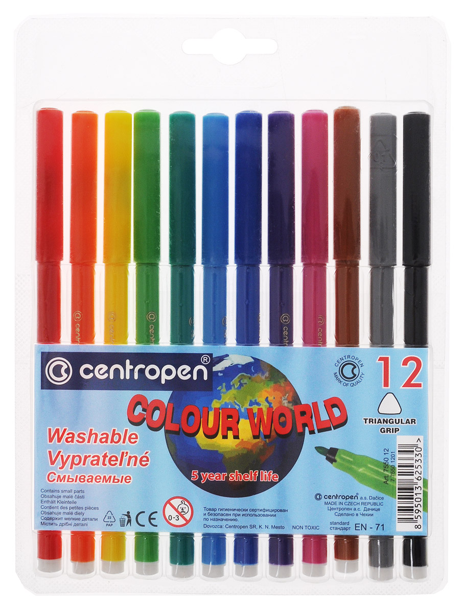 Centropen Набор фломастеров Colour World 12 цветов7550/12 Centropen Набор фломастеров Colour World 12 цветов7550/12Цветные смываемые фломастеры Colour World от Centropen всегда помогут вашему маленькому художнику во всех его творческих начинаниях. Фломастеры оснащены вентилируемым колпачком и имеют эргономичную треугольную зону обхвата. Они предназначены не только для рисования, но и для письма. Фломастеры смываются с рук даже холодной водой и очень легко отстирываются с одежды при температуре +60°С. Корпус каждого фломастера выполнен из полипропилена, а благодаря вентилируемым колпачкам они сохраняют свои свойства, не высыхая, минимум 3 года. Также фломастеры имеют цилиндрический пишущий узел, устойчивый к вдавливанию. Рекомендуемый возраст от 3-х лет.
