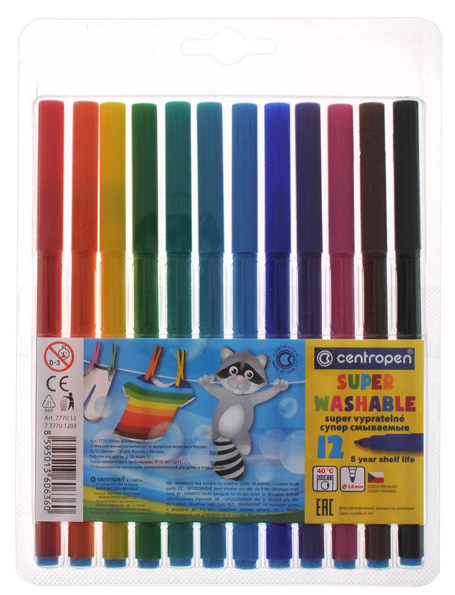 Centropen Набор фломастеров Super Washable 12 цветов7770/12 Centropen Набор фломастеров Super Washable 12 цветов7770/12Набор легкосмываемых цветных фломастеров Centropen Super Washable. Безопасные для здоровья чернила смываются с рук даже холодной водой и легко отстирываются при температуре +40°С. Корпус фломастеров изготовлен из полипропилена, продлевающего срок службы. Вентилируемые колпачки предохраняют от преждевременного высыхания в течение 5 лет. Фломастеры имеют цилиндрический пишущий узел, устойчивый к вдавливанию. В наборе 12 ярких разноцветных фломастеров. Диаметр наконечника: 1,8 мм. Рекомендовано детям от 3-х лет.