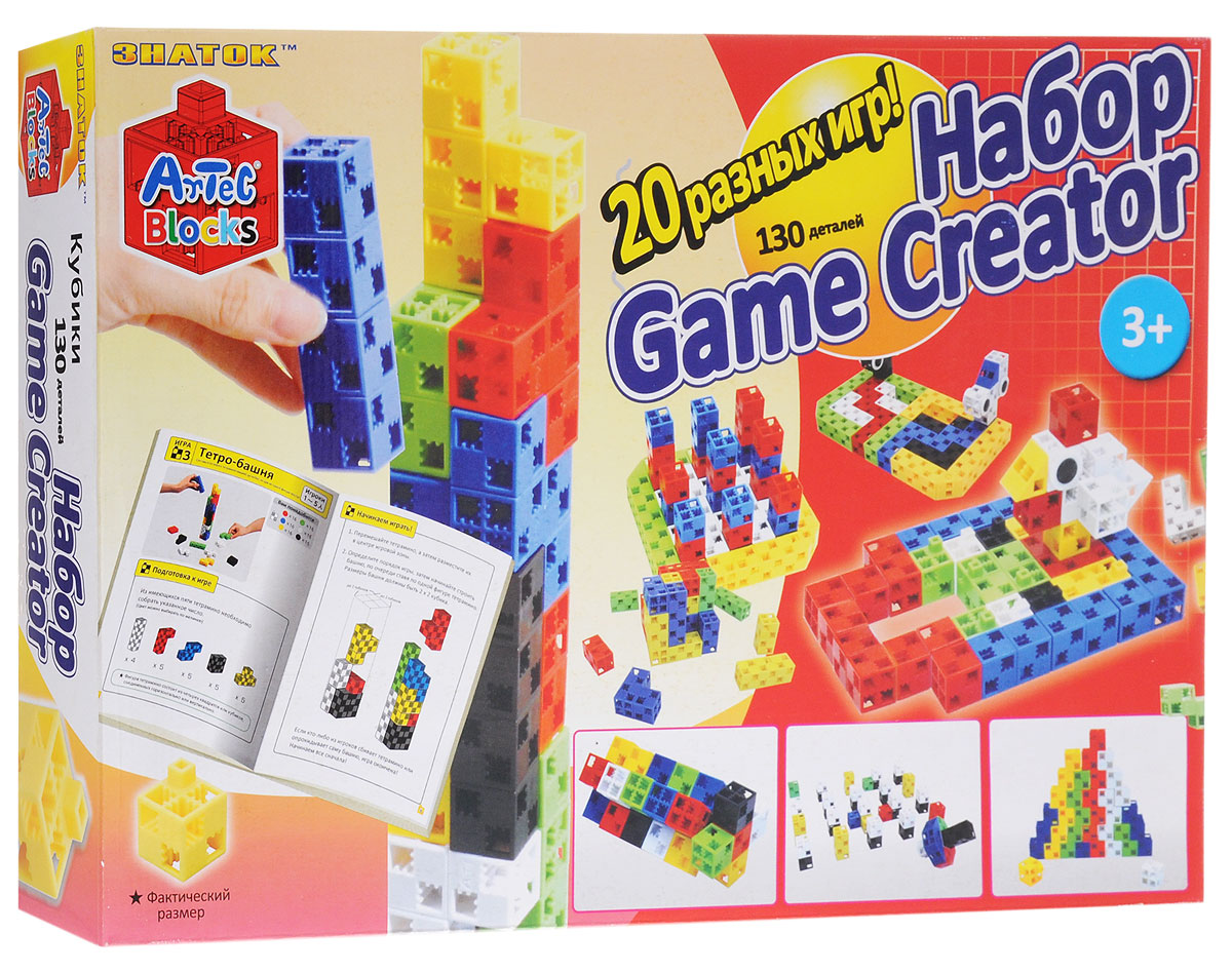 Знаток Конструктор Game Creator15-2211-ART Знаток Конструктор Game Creator15-2211-ARTКонструктор из кубиков Знаток Game Creator особенно подойдет тем детям, которые любят сюжетные игры с конструктором. Кроме оригинальных кубиков в этот набор включены дополнительные детали для создания образа машинок, светофоров, животных. Методичка этого набора предлагает двадцать сюжетно- логических игр, игровым полем и материалом для которых служат элементы конструктора. В качестве примера методичка включает игры-конструирование, игры на точность и аккуратность, головоломки, примеры цветного судоку и объемных крестиков-ноликов. Для юных автолюбителей и зоологов конструктор открывает увлекательное путешествие в мир гонок и звериного сафари по трекам из кубиков. А также в конструкторе предлагается поиграть в танграм, собрать тетро-башню, пирамиды, кубические головоломки и другие игры на пространственное воображение. Конструктор Знаток Game Creator - это первые в мире кубики, которые можно соединять в любом направлении: по горизонтали, по...