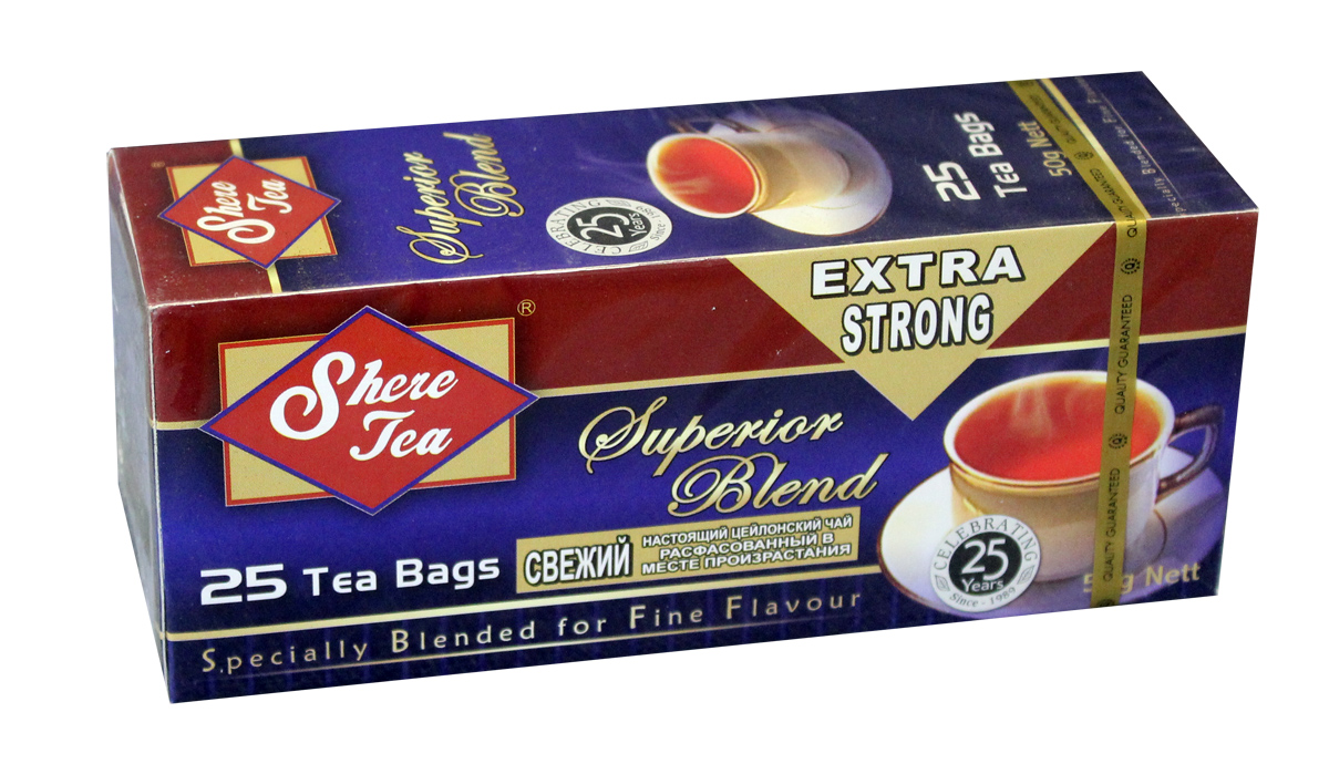 Shere Tea Superior Blend чай черный в пакетиках, 25 шт4791014000020 Shere Tea Superior Blend чай черный в пакетиках, 25 шт4791014000020Черный мелколистовой ломаный чай в пакетиках Shere Tea Superior Blend. Чай быстро заваривается, имеет яркий, прозрачный настой с интенсивной окраской. Вкус терпкий с приятной горчинкой и хорошо выраженным ароматом. Двойные пакетики можно делить пополам, так как это позволяет регулировать крепость чая.