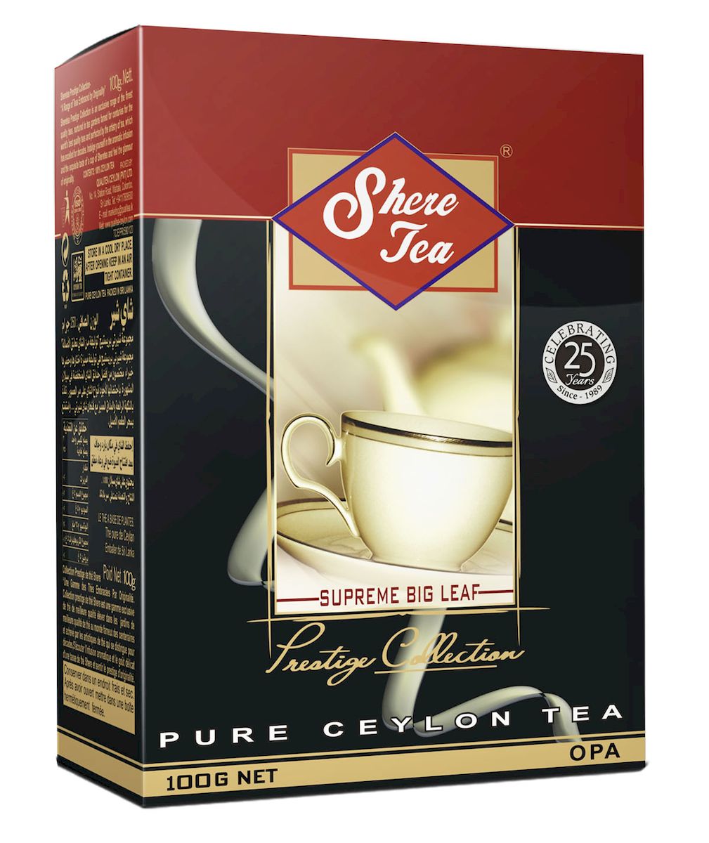 Shere Tea Престижная коллекция. OPА чай черный листовой, 100 г4791014000129 Shere Tea Престижная коллекция. OPА чай черный листовой, 100 г4791014000129Чай Шери престижная коллекция. Листья для этого чая собирают с кустов после того, как почки полностью раскрываются. Для этого сорта собирают первый и второй лист с ветки. В сухой заварке листья должны быть крупными (от 8 до 15 мм), однородными, хорошо скрученными. Этот сорт практически не содержит типсов. Этот сорт имеет достаточно высокое содержание ароматических масел, и поэтому настой чай очень ароматен. Также этот чай характерен вкусом с горчинкой благодаря большому содержанию дубильных веществ. Кофеина в этом чае немного меньше, так как в нем используют более взрослые листы, в которых содержание кофеина меньше, чем в типсах и молодых листах. Чай имеет яркий, прозрачный, интенсивный, настой. Аромат чая полный, приятный, выражен достаточно ярко.