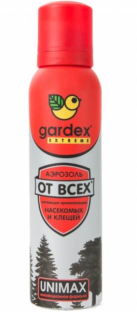 Аэрозоль Gardex Extreme от всех летающих кровососущих насекомых и клещей, 150 мл0150 Аэрозоль Gardex Extreme от всех летающих кровососущих насекомых и клещей, 150 мл0150Аэрозоль Gardex Extreme благодаря инновационной формуле Unimax обеспечивает эффективную защиту от всех летающих кровососущих насекомых и клещей (комаров, мокрецов, мошек, москитов, слепней, блох, таежных и лесных клещей). Защита от комаров и других насекомых при применении на кожу действует более 4 часов, на одежду - до 30 суток. Защита от клещей обеспечивается только при нанесении средства на одежду и действует до 5 суток. Внимание! Средство обеспечивает неполную защиту от клещей. Характеристики: Состав: N,N-диэтилтолуамид - 33,0%, MGK-264, MGK-326, этиловый спирт, отдушка, бутан, изобутан, пропан. Объем: 150 мл. Товар сертифицирован.