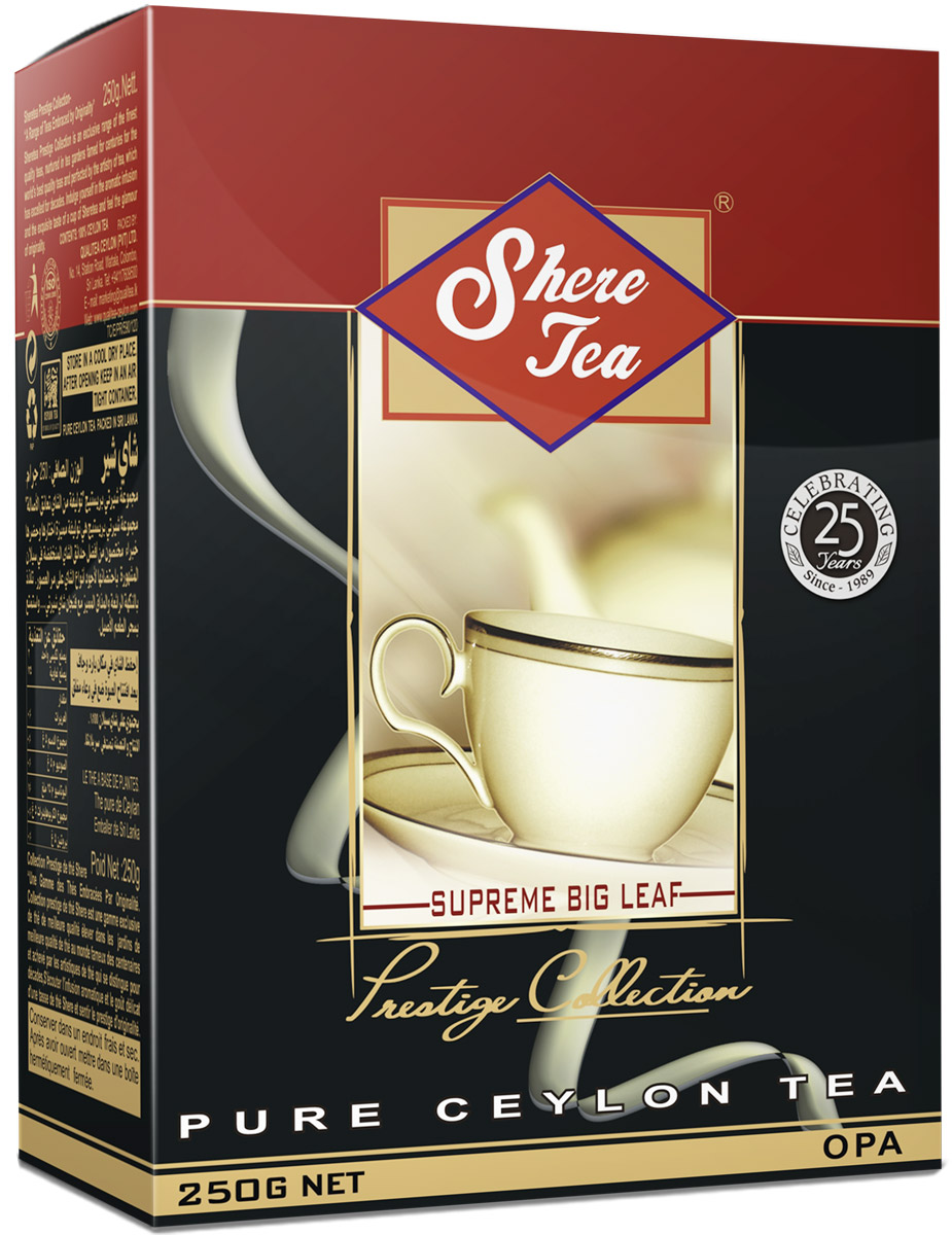 Shere Tea Престижная коллекция. OPА чай черный листовой, 250 г4791014000013 Shere Tea Престижная коллекция. OPА чай черный листовой, 250 г4791014000013Shere Tea Prestige Collection - это эксклюзивные сорта лучшего 100% цейлонского чая, выращенного в гористой местности на золотых плантациях, знаменитых более столетия. Вы получите наслаждение от аромата и особенного вкуса в каждой чашке чая Шери и прикоснетесь к очарованию его новизны. Листья для этого чая собирают с кустов после того, как почки полностью раскрываются. Для этого сорта собирают первый и второй лист с ветки. В сухой заварке листья должны быть крупными (от 8 до 15 мм), однородными, хорошо скрученными. Этот сорт практически не содержит типсов. Чай имеет достаточно высокое содержание ароматических масел, и поэтому его настой очень ароматен. Также этот чай характерен вкусом с горчинкой благодаря большому содержанию дубильных веществ. Кофеина в этом чае намного меньше, так как в нем используют более взрослые листы, в которых содержание кофеина меньше, чем в типсах и молодых листах. Чай имеет яркий, прозрачный, интенсивный, настой. Аромат...