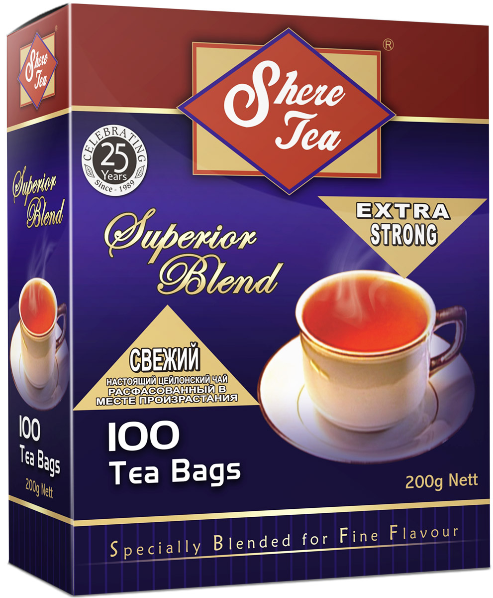 Shere Tea Superior Blend чай черный в пакетиках, 100 шт4791014000617 Shere Tea Superior Blend чай черный в пакетиках, 100 шт4791014000617Черный мелколистовой ломаный чай в пакетиках Shere Tea Superior Blend. Чай быстро заваривается, имеет яркий, прозрачный настой с интенсивной окраской. Вкус терпкий с приятной горчинкой и хорошо выраженным ароматом. Двойные пакетики можно делить пополам, так как это позволяет регулировать крепость чая.