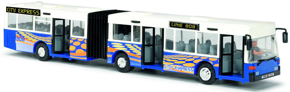 Dickie Toys Автобус-экспресс цвет белый синий3827000_белый, синий Dickie Toys Автобус-экспресс цвет белый синий3827000_белый, синийАвтобус-экспресс Dickie Toys привлечет внимание вашего ребенка и не позволит ему скучать. Игрушка является уменьшенной копией настоящего автобуса с гибкой гармошкой. Автобус оснащен открывающимися с помощью колесиков дверьми, сменным табло с названием остановок и прорезиненными колесами. Внутри салона расположены ряды пассажирских кресел. Остается только подобрать фигурки, подходящие по размеру, и можно отправляться в увлекательное путешествие! Ваш ребенок увлеченно будет играть с автобусом, воспроизводя различные истории из городской жизни. Порадуйте его таким замечательным подарком!