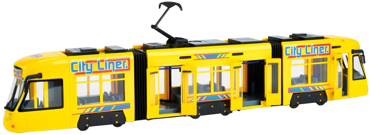 Dickie Toys Трамвай City Liner цвет желтый3829000_желтый Dickie Toys Трамвай City Liner цвет желтый3829000_желтыйГородской трамвай Dickie Toys City Liner привлечет внимание вашего ребенка и не позволит ему скучать. Игрушка является уменьшенной копией настоящего трамвая с гибкой гармошкой. Трамвай оснащен открывающимися с помощью колесиков дверьми, поднимающимся полупантографом и колесами со свободным ходом. Внутри салона расположены ряды пассажирских кресел. Остается только подобрать фигурки, подходящие по размеру, - и можно отправляться в увлекательное путешествие! Ваш ребенок будет часами играть с трамваем, воспроизводя различные истории из городской жизни. Порадуйте его таким замечательным подарком!