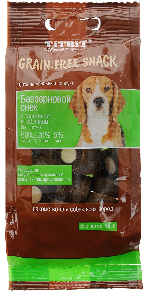 Лакомство для собак Titbit Grain Free, беззерновые снеки с телятиной и кабачком, 100 г6054 Лакомство для собак Titbit Grain Free, беззерновые снеки с телятиной и кабачком, 100 г6054Лакомство для собак Titbit Grain Free - это вкусные натуральные беззерновые снеки для собак всех пород. Снеки содержат 60% мяса, что обеспечивает максимальное количество белка в рационе питомца и, в свою очередь, снижает количество углеводов. Не содержат искусственных красителей, консервантов, ароматизаторов. Снеки идеально подходят в качестве поощрения при дрессировке. Товар сертифицирован.