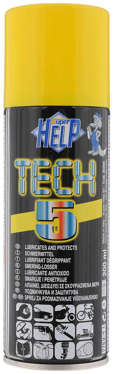 Cмазка многоцелевая SuperHelp Tech 5, для разблокировки и защиты механических узлов, 200 мл20200 Cмазка многоцелевая SuperHelp Tech 5, для разблокировки и защиты механических узлов, 200 мл20200Многоцелевая смазка SuperHelp Tech 5 предназначена для восстановления работоспособности и защиты узлов и механизмов работающих в условиях высоких нагрузок. Смазывает и облегчает демонтаж заржавевших деталей, предохраняет от коррозии. Водостойкая. Предохраняет электронные компоненты от влаги. Продлевает срок службы обработанных узлов. Имеется трубка для струйного распыления спрея. Объем: 200 мл. Товар сертифицирован.