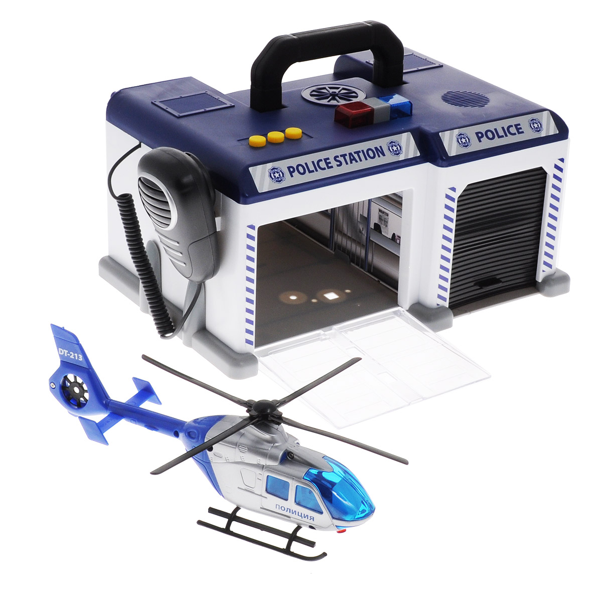 Dickie Toys Игровой набор Полицейская станция3716004_полиция Dickie Toys Игровой набор Полицейская станция3716004_полицияИгровой набор Dickie Toys Полицейская станция - это увлекательный набор, который непременно понравится вашему ребенку. Станция с парковкой со звуковыми и световыми эффектами выполнена в виде сундучка синего и серого цветов. Станция имеет два отделения, оборудованные открывающимися дверями. В набор входят полицейский вертолет и легковой автомобиль ДПС. На крыше станции имеются три кнопочки, при нажатии на которые срабатывает сирена, и включаются световые эффекты. Здание станции сверху оборудовано удобной ручкой, благодаря чему, набор легко взять с собой на прогулку или в поездку. Ваш ребенок с удовольствием будет играть с набором, придумывая новые захватывающие истории. Для работы требуются 3 батарейки АА (товар комплектуется демонстрационными).