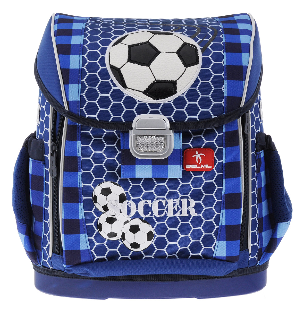 Belmil Ранец школьный Soccer404-20/454_мяч Belmil Ранец школьный Soccer404-20/454_мячШкольный ранец Belmil Soccer выполнен из прочных и высококачественных материалов и дополнен брелоком-светоотражателем в виде руки. Ранец содержит одно вместительное отделение, закрывающееся клапаном на замок-защелку со встроенным светоотражателем. Внутри отделения имеются два мягких разделителя для тетрадей или учебников. Клапан полностью откидывается, что существенно облегчает пользование ранцем. На внутренней части клапана находится прозрачный пластиковый кармашек, в который можно поместить расписание занятий. Под клапаном на лицевой стороне находится карман, фиксирующийся хлястиком на липучке. По бокам этого кармана имеются две молнии для увеличения объема. Ранец снабжен двумя боковыми карманами на резинках. Жесткий каркас и анатомическая форма спинки способствуют равномерному распределению нагрузки и формированию правильной осанки. Конструкция спинки дополнена системой вентиляции для предотвращения запотевания спины ребенка. Мягкие широкие лямки позволяют легко и быстро...