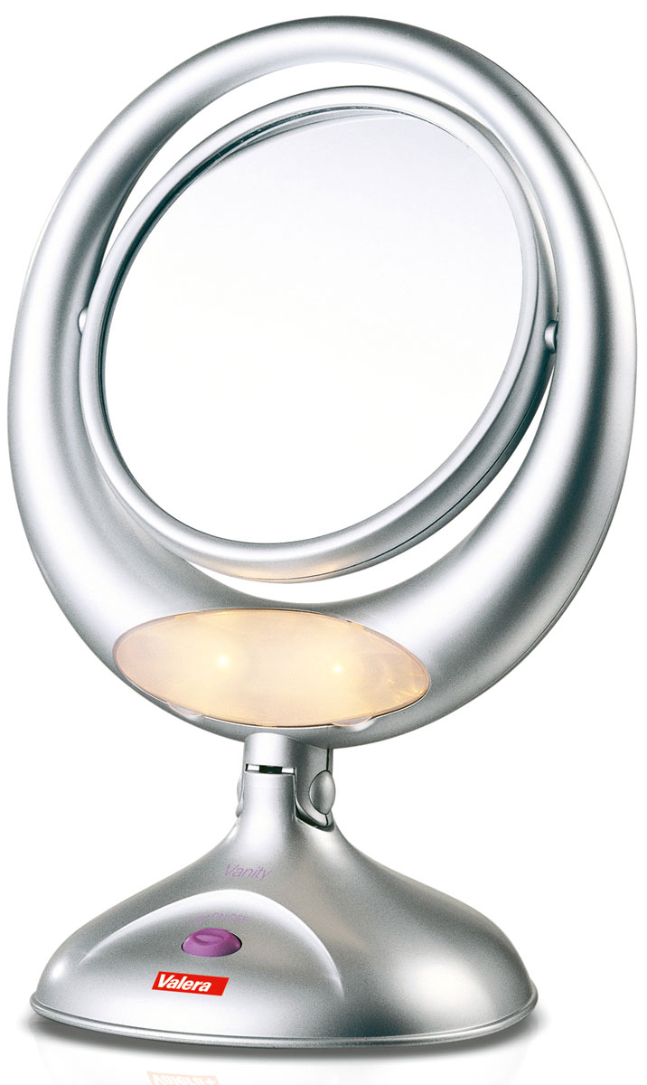Valera 618.01 Vanity, Silver двустороннее зеркало618.01 Valera 618.01 Vanity, Silver двустороннее зеркало618.01Вращающееся двустороннее зеркало с подсветкой для макияжа: положение нормального отражения и 3-х кратного увеличения, диаметр зеркала O 15 см, регулируемый угол наклона.