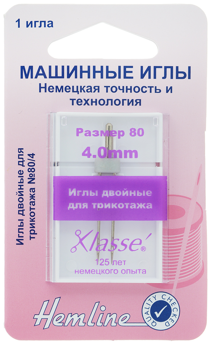 Игла для бытовых швейных машин Hemline, для трикотажа, двойная, №80, 4 мм111.40 Игла для бытовых швейных машин Hemline, для трикотажа, двойная, №80, 4 мм111.40Двойная игла Hemline, выполненная из высококачественной стали, подходит для декоративной отстрочки трикотажного и эластичного полотна с густым ворсом. Закругленный кончик иглы защищает ткань от прокалывания и повреждения волокон. Подходит для всех современных швейных машин: Bernina, Brother, Bernette, Elna, Husgsvarna, Janome, New Home, Pfaff, Simplicity, Singer, Toyota, Viking. В комплекте пластиковый футляр для переноски и хранения. Номер иглы: 80. Расстояние между иглами: 4 мм.