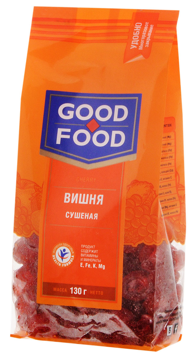 Good Food вишня сушеная, 130 г4620000671329 Good Food вишня сушеная, 130 г4620000671329Яркий вкус вишни - изысканная классика, к тому же забота о здоровье. Вишня - ценнейший источник витамина А и С.