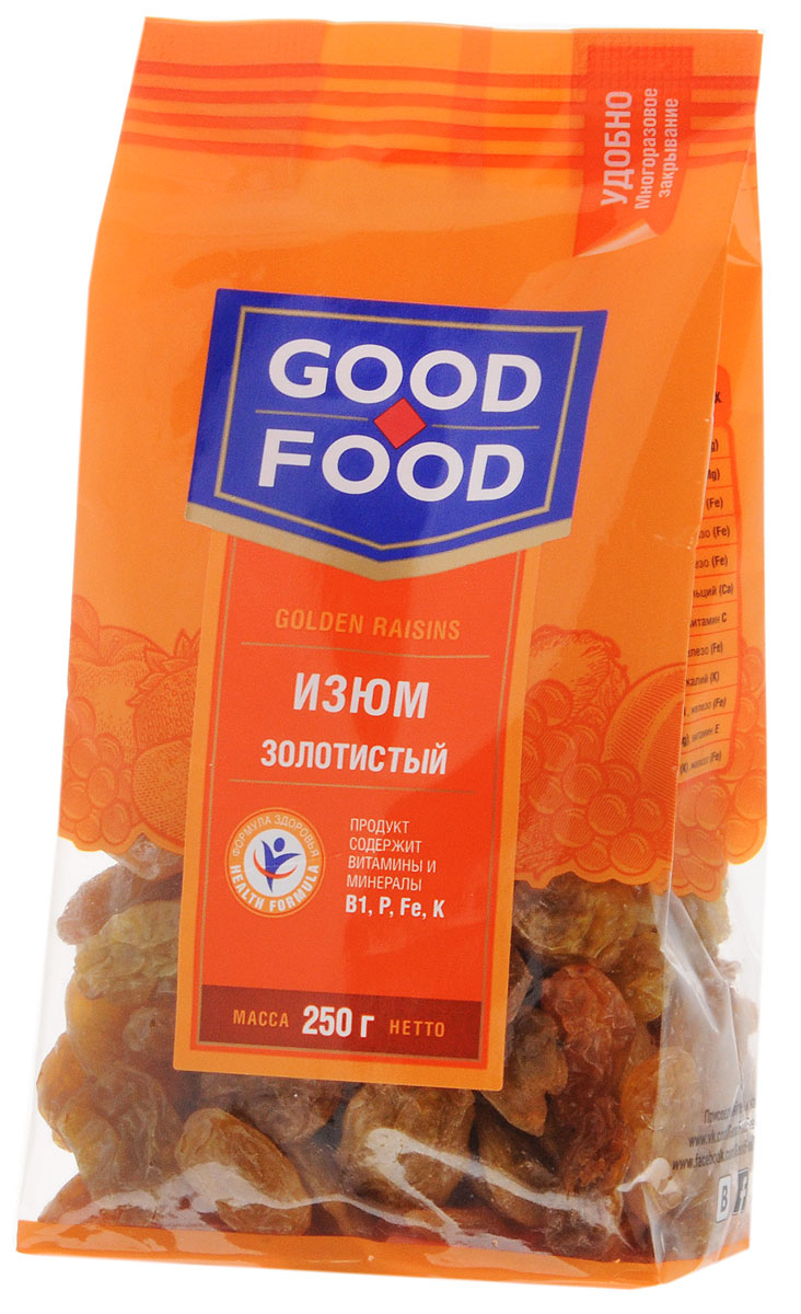 Good Food изюм золотистый, 250 г4620000677291 Good Food изюм золотистый, 250 г4620000677291Изюм – это высушенные плоды винограда. Эта ягода сама по себе очень удивительная, после высушивания которой, полезные свойства приумножаются в несколько раз. Он является одним из самых полезных видов сухофруктов. Изюм практически ничем не отличается от свежего винограда, так как сохраняет 70-80 % витаминов и 100% микроэлементов. Изюм очень полезен для сердца, он укрепляет сердечную мышцу. Изюм в небольших порциях хорошо подходит для перекусов.
