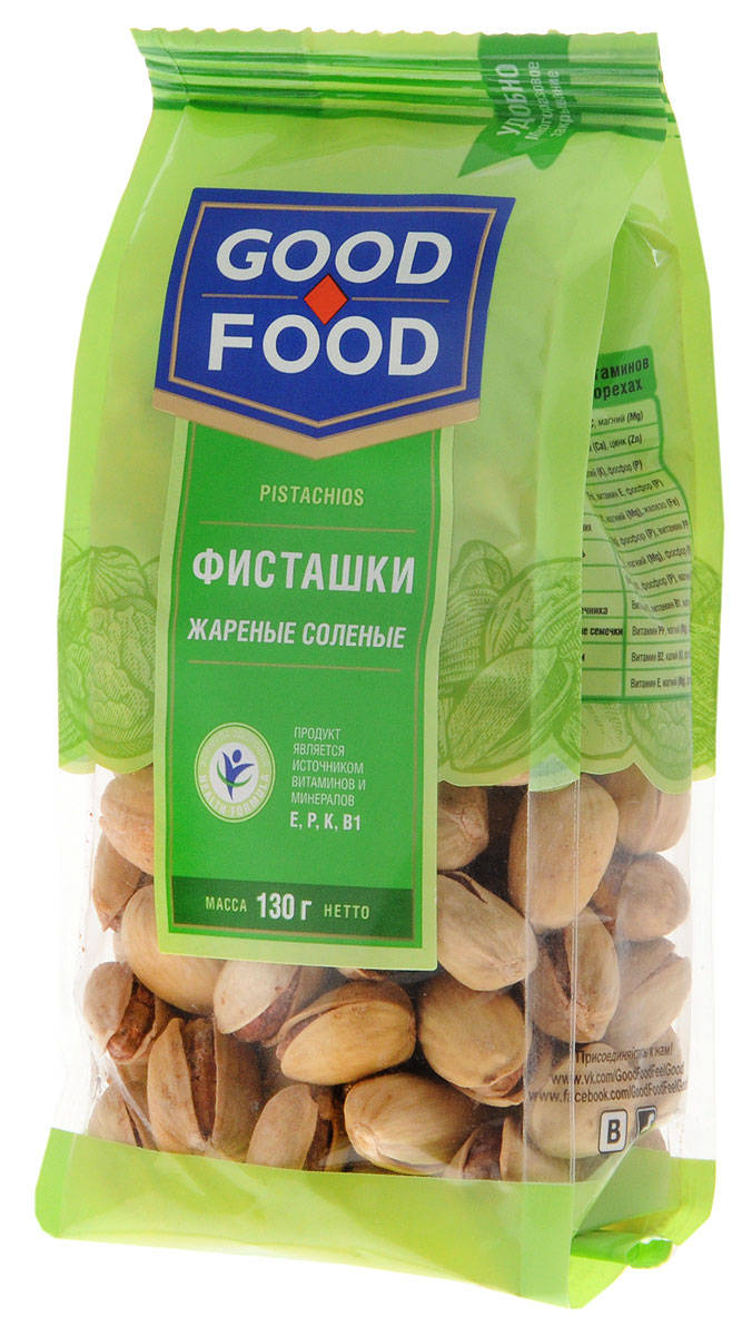 Good Food фисташки жареные соленые, 130 г4620000671510 Good Food фисташки жареные соленые, 130 г4620000671510Дерево жизни, орехи счастья - так по-другому называют фисташки, обладающие тонким оригинальным вкусом и массой полезных свойств. Польза фисташек для человеческого организма неоценима, достаточно взглянуть на перечень полезных веществ, которые содержат эти орехи, чтобы в этом убедиться: витамины группы А (лютеин, зеаксантин), В (В1, В9, В6), Е, медь, марганец, фосфор, калий, магний, железо и многое другое. Фисташки Good Food обладают сбалансированным вкусом благодаря равномерной прожарке и оптимальному количеству соли.