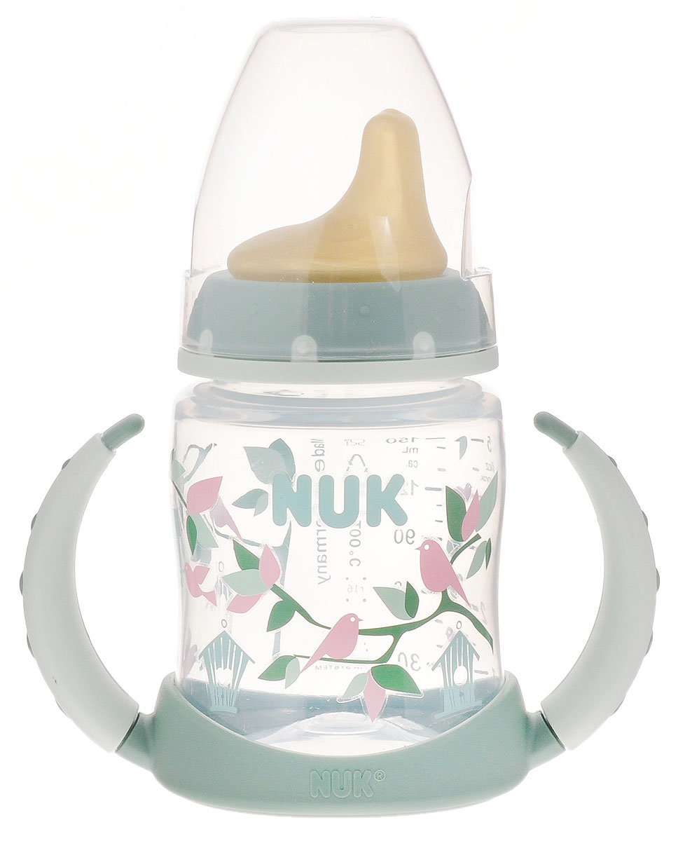 NUK Бутылочка-поильник First Choice с латексной насадкой от 6 месяцев 150 мл цвет серо-зеленый10743391_фисташковый NUK Бутылочка-поильник First Choice с латексной насадкой от 6 месяцев 150 мл цвет серо-зеленый10743391_фисташковыйБутылочка-поильник NUK First Choice, изготовленная из прочного полипропилена, разработана специально для детей от 6 месяцев для легкого перехода от грудного кормления к бутылочке и от бутылочки к самостоятельному питью. Поильник имеет латексный носик со специальным отверстием, который не протекает, даже если малыш перевернет бутылочку, и защелкивающийся прозрачный колпачок, обеспечивающий гигиеничность. Закупоривающий диск легко вставляется в завинчивающееся кольцо, что позволяет бутылочке оставаться герметичной даже во время сильной встряски. Благодаря эргономичному дизайну и съемным нескользящим ручкам, крохе будет удобно держать поильник. Широкое горлышко позволит легко наполнить и очистить бутылочку. Не содержит бисфенол А.