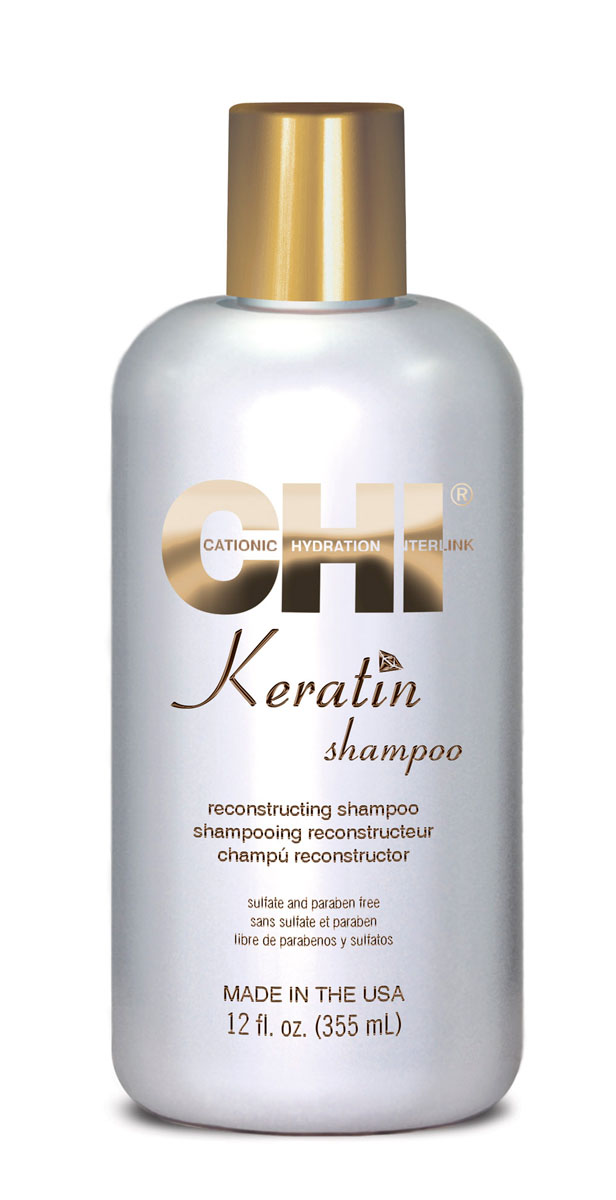 CHI Кератиновый шампунь Keratin, 355млCHI0213 CHI Кератиновый шампунь Keratin, 355млCHI0213Шампунь с кератином CHI мягко очищает и реконструирует поврежденные волосы, наполняя естественные запасы кератина в структуре волоса. Эфирные масла Арганы и Жожоба проникают в глубь волоса и обеспечивают максимальный блеск, предотвращает ломкость и сечение волоса.