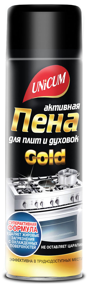 Пена для плит и духовок Unicum GOLD, активная, 440 мл531073 Пена для плит и духовок Unicum GOLD, активная, 440 мл531073Активная пена для плит и духовок Unicum GOLD предназначена для удаления самых стойких застарелых и подгоревших масложировых загрязнений, нагара, копоти с поверхностей кухонных плит, духовых шкафов, грилей, кастрюль, сковородок и кафельной плитки.
