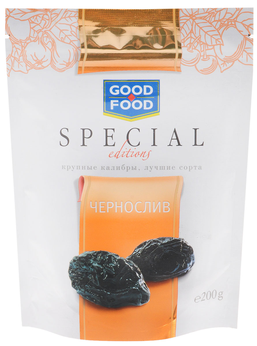 Good Food Special чернослив, 200 г4620000671954 Good Food Special чернослив, 200 г4620000671954Чернослив является самым популярным и потребляемым из всех известных нам сухофруктов. Пользу организму чернослив оказывает благодаря содержащимся в его составе пектиновым веществам, растительной клетчатке, органическим кислотам, сахару. Сухофрукт богат витаминами В1, В2, С, РР, провитамином А, содержит калий, натрий, магний, фосфор, железо.