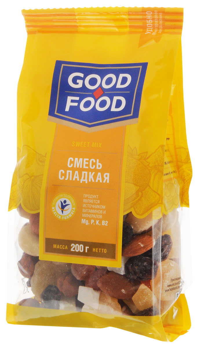 Good Food смесь сладкая, 200 г4620000677253 Good Food смесь сладкая, 200 г4620000677253Смесь Сладкая Good Food содержит в себе ананас, бразильский орех, изюм Томпсон джамбо, кешью сушеный, кокос кубиками, миндаль сушеный, папайю кубиками и сушеный фундук. Притупляет чувство голода. Оказывает защитное действие от различных инфекций.