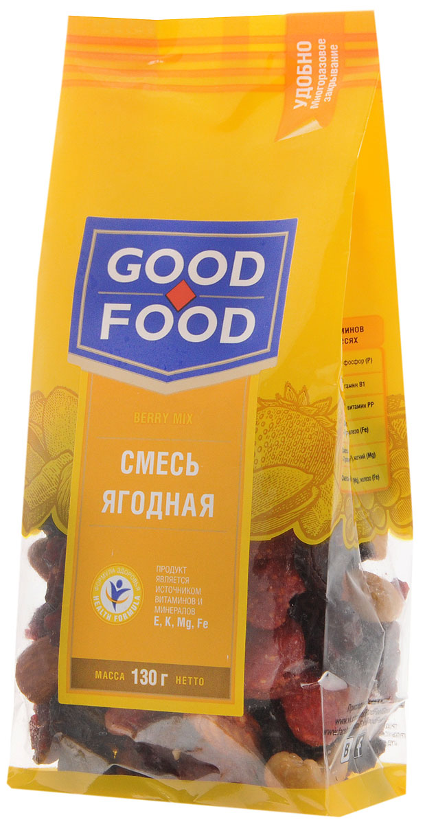 Good Food смесь ягодная, 130 г4620000674955 Good Food смесь ягодная, 130 г4620000674955Смесь Ягодная Good Food - это гармоничное сочетание ягод и орехов: клюквы, клубники, жареного миндаля и кешью и изюма black jumbo. Установлено, что содержащиеся в клюкве урсоловая и олеаноловая кислоты расширяют венозные сосуды сердца, питают сердечную мышцу.