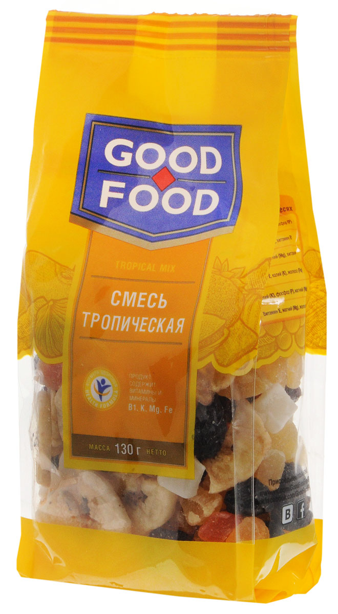 Good Food смесь тропическая, 130 г4620000671503 Good Food смесь тропическая, 130 г4620000671503Смесь Тропическая Good Food - это ассорти экзотических компонентов: ананасы, банановые чипсы, кокос и папайя, а также изюм black jumbo. Притупляет чувство голода и хорошо насыщает.