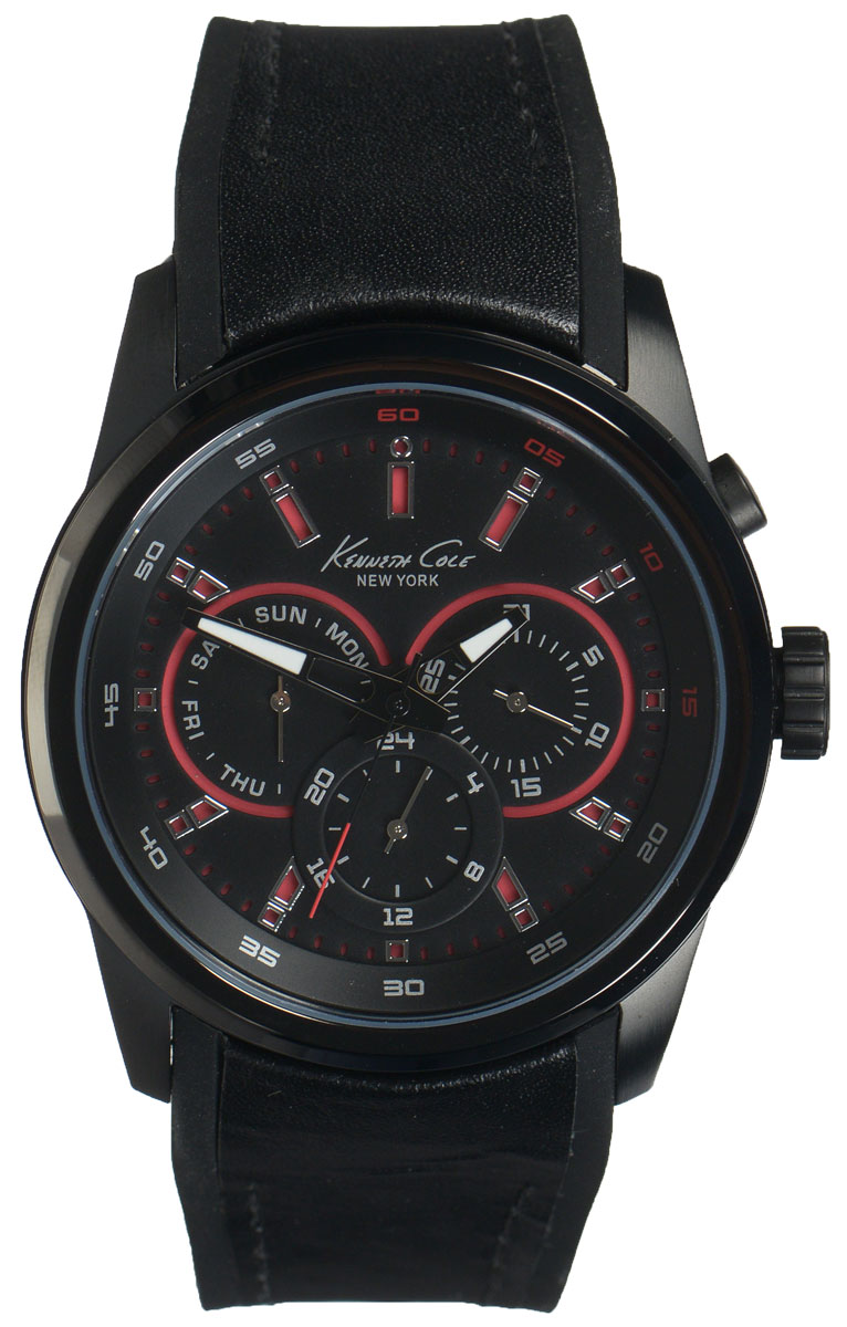 Часы наручные мужские Kenneth Cole, цвет: черный. 1002253610022536 Часы наручные мужские Kenneth Cole, цвет: черный. 1002253610022536Стильные мужские часы Kenneth Cole выполнены из нержавеющей стали со стойким PVD-покрытием и минерального стекла. Оригинальный циферблат изделия с яркими акцентами дополнен символикой бренда. Часы оснащены кварцевым механизмом с тремя стрелками, стрелочным указателем даты, дня недели, а так же указателем времени суток с 24-х часовой шкалой. Циферблат выполнен из устойчивого к царапинам минерального стекла, степенью влагозащиты 3atm. Изделие дополнено ремешком из силикона с кожаными вставками, оснащенным классической застежкой-пряжкой. Часы поставляются в фирменной упаковке. Часы Kenneth Cole - аксессуар, о котором можно только мечтать. Стильный циферблат, будто спидометр роскошного автомобиля, легко подчинит себе ваше время.