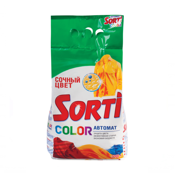 Стиральный порошок Sorti Color, 3 кг703-5Т 703-5 Стиральный порошок Sorti Color, 3 кг703-5Т 703-5Стиральный порошок Sorti Color предназначен для замачивания и стирки изделий из цветных хлопчатобумажных, льняных, синтетических тканей, а также тканей из смешанных волокон. Не предназначен для стирки изделий из шерсти и натурального шелка. Порошок имеет пониженное пенообразование, содержит биодобавки. Sorti эффективно отстирывает и удаляет сложные пятна на цветных вещах, при этом сохраняет яркость цвета. Подходит для стиральных машин любого типа и ручной стирки. Характеристики: Вес: 3 кг. Артикул: 703-5Т 703-5. Товар сертифицирован. Уважаемые клиенты! Обращаем ваше внимание на то, что дизайн упаковки может несколько отличаться от представленного на фото. Общий вид и характеристики товара сохраняются. Вес данного стирального порошка 3 кг. Изображение служит для визуального восприятия товара.