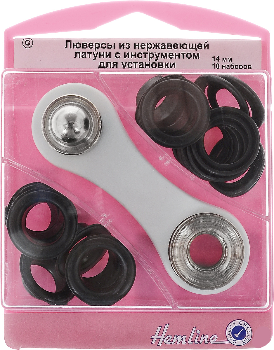Люверсы Hemline, с инструментом для установки, цвет: черный, тип G, диаметр 14 мм, 10 наборов438P.14.B Люверсы Hemline, с инструментом для установки, цвет: черный, тип G, диаметр 14 мм, 10 наборов438P.14.BЛюверсы Hemline предназначены для укрепления краев отверстий, использующихся для продевания веревок, шнуров, тесьмы, тросов, а также декорирования вещей. Предназначены для средних и легких вещей. Выполнены из нержавеющей латуни. В комплекте 10 наборов люверсов, каждый из которых состоит из двух элементов, и специальный инструмент для их установки. Для обеспечения толщины между слоями ткани не менее 1-2 мм рекомендуется использовать подкладочную ткань. Внимание! Слишком сильные удары молотка могут повредить поверхность люверсов. Всегда работайте на плоской твердой поверхности, защищенной куском картона. Люверсы хранятся в удобном пластиковом контейнере многоразового использования. Внутренний диаметр люверсов: 14 мм. Внешний диаметр люверсов: 22 мм. Размер инструмента: 9 х 3 х 1 см.