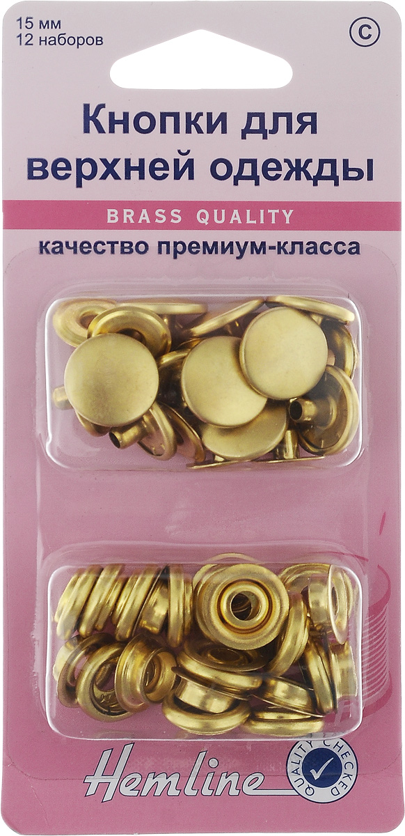 Кнопки для верхней одежды Hemline, цвет: золото, диаметр 15 мм, 12 наборов405R.G Кнопки для верхней одежды Hemline, цвет: золото, диаметр 15 мм, 12 наборов405R.GКнопки Hemline, выполненные из металла, предназначены для крупных и тяжелых вещей. Для обеспечения толщины между слоями ткани не менее 1-2 мм используйте подкладочную ткань. В одной упаковке 12 наборов, каждый из которых состоит из 4 элементов. На оборотной стороне имеется инструкция. Диаметр кнопки: 15 мм.