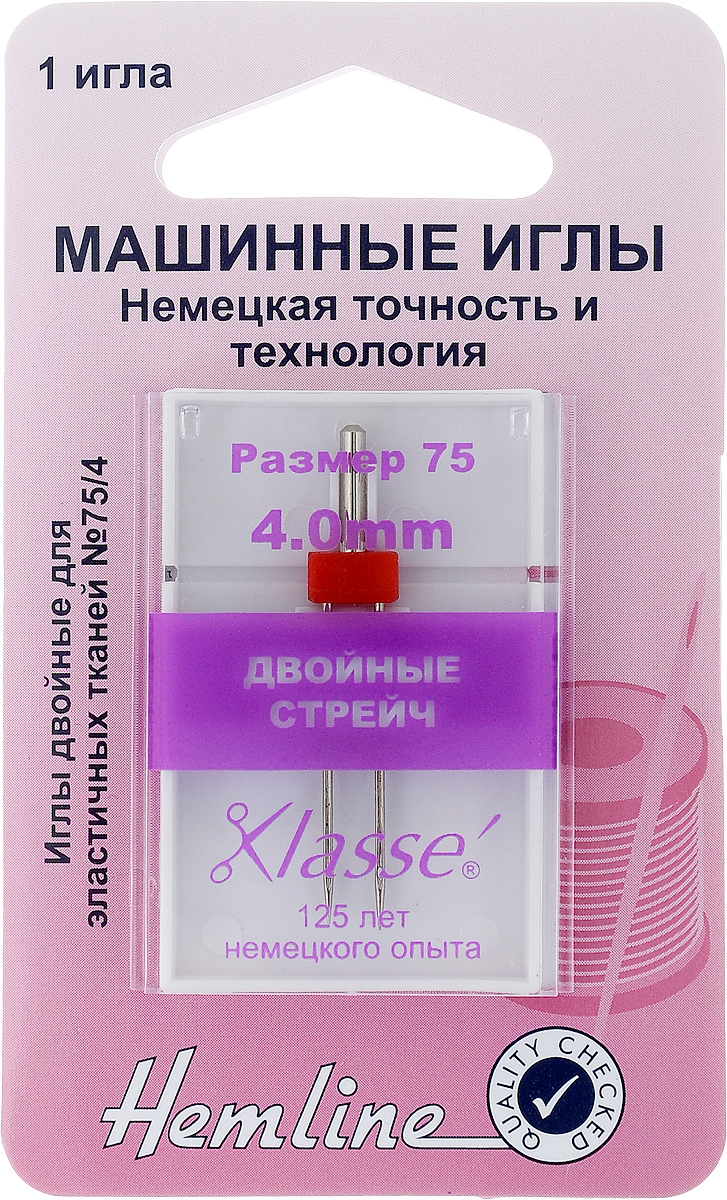 Игла для бытовых швейных машин Hemline, для стрейча, двойная, №75/4. 112.40112.40 Игла для бытовых швейных машин Hemline, для стрейча, двойная, №75/4. 112.40112.40Двойная игла Hemline идеально подходит для декоративной отстрочки тканей с двухсторонним стрейчем (эластичные ткани, лайкра), особенно для тех, которые содержат лайкровую резинку, используемую в купальных костюмах и нижнем белье. Специально вытянутая игла предотвращает пропуск стежков. Рекомендуется использовать пониженную скорость при работе. Игла выполнена из металла высокой закалки и особой повышенной прочности, что обеспечивает максимальную защиту вашей швейной машине. Подходит для всех современных машин, в том числе Bernina, Bernette, Brother, Elna, Husqvarna, Janome, New Home, Pfaff, Simplicity, Singer, Toyota, Viking. В комплекте футляр для хранения. Ширина: 4 мм. Система: 130/705Н, 15 х 1, НА х 1. Размер: №75/4.