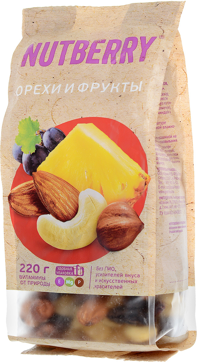 Nutberry смесь орехов и фруктов, 220 г4620000676157 Nutberry смесь орехов и фруктов, 220 г4620000676157Смесь Орехи и фрукты это идеально сбалансированное сочетание только натуральных компонентов. Благородный вкус темного винограда сорта Томпсон Джамбо идеально дополняет вкусовую композицию миндаля, кешью и фундука, а кусочки натурального, сушеного ананаса придают данной смеси неповторимость.