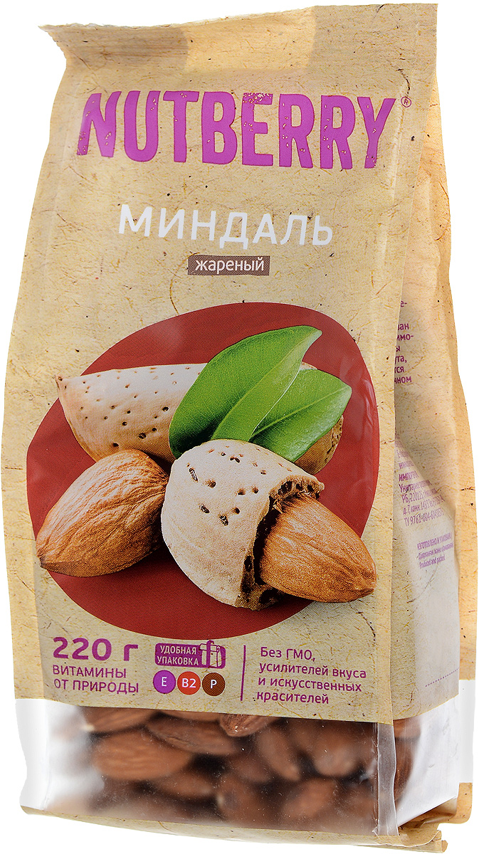 Nutberry миндаль жареный, 220 г4620000676072 Nutberry миндаль жареный, 220 г4620000676072Миндаль – чудесный орех, который имеет насыщенный, легкий и чуть горьковатый вкус. Польза миндаля: полезен при гипертонии, кроме того миндаль рекомендуют всем лицам, достигшим тридцатилетнего возраста, в качестве профилактического средства от атеросклероза при повышенном уровне холестерина.