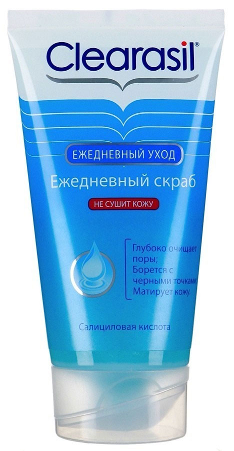 Ежедневный скраб Clearasil Stayclear, 150 мл7533204 Ежедневный скраб Clearasil Stayclear, 150 мл7533204Ежедневный скраб Clearasil Stayclear содержит микрогранулы, которые мягко отшелушивают омертвевшие клетки кожи, не раздражая ее. Clearasil Stayclear заботится не только о чистоте, но и об уровне увлажненности кожи. В формулу скраба добавлены специальные кондиционеры, которые обеспечивают коже дополнительное увлажнение. Очищает кожу, делая ее мягкой и шелковистой. Благодаря легкому отшелушивающему эффекту стимулирует обновление клеток кожи, выравнивает и освежает кожу, глубоко очищает поры и предотвращает появление прыщей. Ингредиенты: Салициловая кислота 2% -эффективный ингредиент в борьбе за чистоту кожи. Она проникает глубоко в поры и способствует отшелушиванию омертвевших клеток кожи, а также помогает снять воспаление и покраснение.