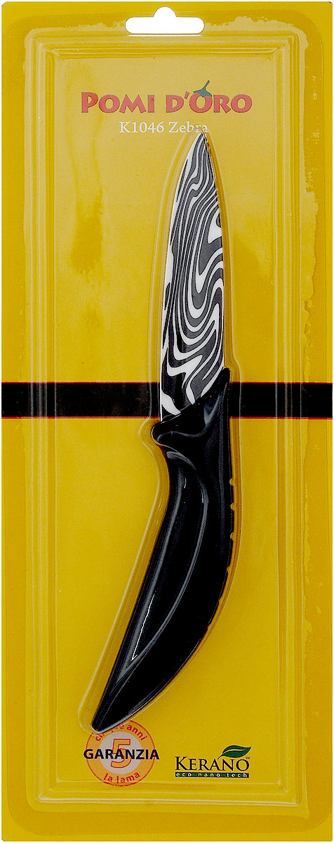 Нож универсальный Pomi d’Oro Zebra, керамический, длина лезвия 10 см77.858@21272 / K1046 Zebra Нож универсальный Pomi d’Oro Zebra, керамический, длина лезвия 10 см77.858@21272 / K1046 ZebraНож Pomi dOro Zebra изготовлен из бело-черной керамики Kerano. Kerano - это уникальный керамический нано-материал, который не содержит вредные примеси, в том числе перфоктановую кислоту (PTFE) и примеси, используемые для легированной стали. Материал изделия не вступает в реакцию с пищей во время готовки. Изделие имеет эргономичную обрезиненную ручку, которая не скользит в руках и делает резку удобной и безопасной. Можно мыть в посудомоечной машине. Длина ножа: 20,5 см.