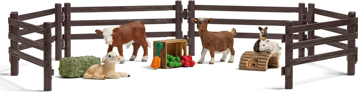 Schleich Набор фигурок Детский зоопарк 4 шт21052 Schleich Набор фигурок Детский зоопарк 4 шт21052Набор фигурок Schleich Детский зоопарк поможет сделать игру еще более увлекательной, а жизнь в игрушечной ферме полноценной и удобной. В этом превосходном наборе ребенок найдет несколько реалистичных фигурок животных фермы, с которыми он сможет придумать множество интересных игр. В набор входят детали для сборки изгороди, теленок, ягненок, козленок, фигурка с двумя кроликами, сено, ящик с яблоками и морковью. Все игрушки из набора выполнены из качественного каучукового пластика с мельчайшей прорисовкой деталей. Игровые элементы имеют реалистичный внешний вид, приятны на ощупь и позволяют детям играть с большим удовольствия.