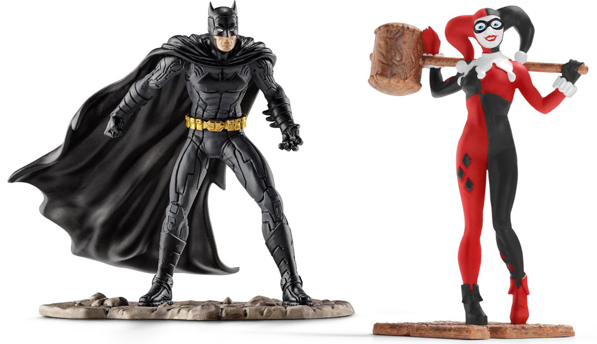 Schleich Набор фигурок Бэтмен и Харли Квин22514 Schleich Набор фигурок Бэтмен и Харли Квин22514Набор фигурок Schleich Бэтмен и Харли Квин обязательно понравится маленьким любителям мультфильмов и комиксов. В набор входят 2 фигурки: Бэтмен и Харли Квин. У Харли Квин иммунитет против любого вида яда! Харли решила поквитаться с Бэтменом. Она одета в черно-красный костюм арлекина. Под ее фальшивой улыбкой скрывается настоящий криминальный гений. Бэтмену понадобятся все его навыки и умения, чтобы победить ее. Фигурки Schleich выполнены из безопасного для здоровья детей каучукового пластика с максимальной точностью, каждая фигурка раскрашивается вручную. Сюжетно-ролевые игры с фигурками развивают фантазию и воображение ребенка.