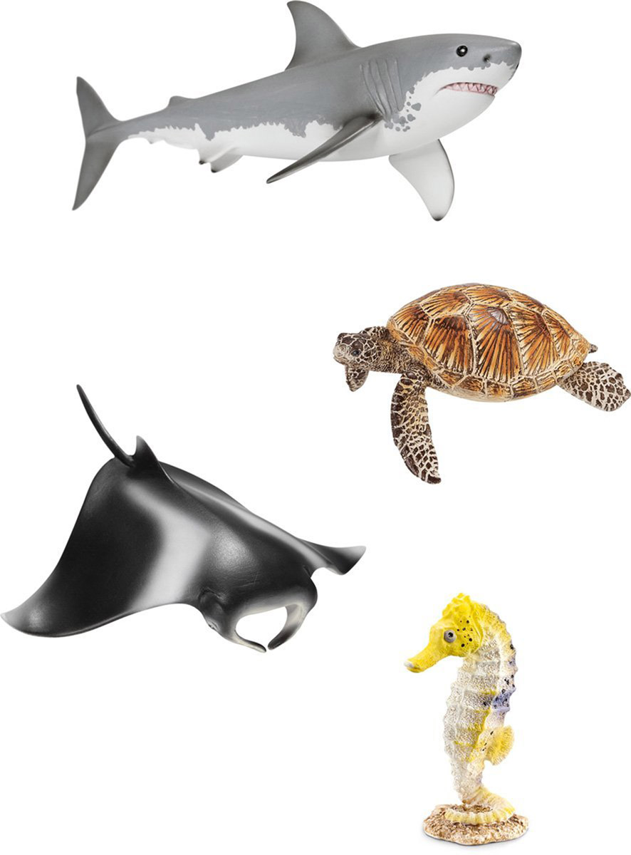 Schleich Набор фигурок Животные океана 4 шт41407 Schleich Набор фигурок Животные океана 4 шт41407Набор фигурок Schleich Животные океана придется по душе вашему ребенку! На северном берегу Австралии располагается самый большой коралловый риф в мире. Это впечатляющая и вместе с тем чувствительная экосистема. Кажется, что количество животных и растений, обитающих там, бесконечно. Там живут красочные яркие рыбки, морские черепахи, скаты, акулы и морские коньки. Прекрасно выполненные фигурки Schleich отличаются высочайшим качеством игрушек ручной работы. Набор включает в себя: акулу, черепаху, ската и морского конька. Каждая фигурка разработана с учетом исследований в области педагогики и производится как настоящее произведение для маленьких детских ручек. Сюжетно-ролевые игры с фигурками развивают фантазию и воображение ребенка.