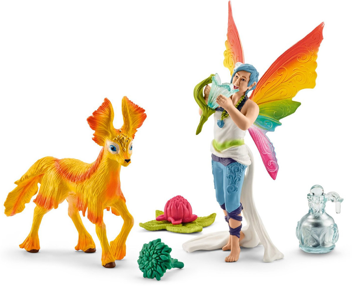 Schleich Набор фигурок Радужная эльфийка Дунья с жеребенком41438 Schleich Набор фигурок Радужная эльфийка Дунья с жеребенком41438Набор фигурок Радужная эльфийка Дунья с жеребенком непременно понравится вашему ребенку и всем любителям коллекции эльфов от Schleich. Дунья - восхитительный радужный эльф, которая очень любит воду и частенько плавает на самодельной лодке, а потом рассказывает своим друзьям о новых увлекательных историях. Фигурка выполнена в виде красивого лесного эльфа с радужными крылышками, а в руках у нее - цветок водной лилии. У Дуньи есть лучший друг - жеребенок Мита. Мита - яркий желто-оранжевый жеребенок из сказочной страны Байяла. Мита очень веселый и дружелюбный. Ему нравится резво скакать по лугам радужного острова и играть со своим другом. В свое сказочное путешествие Дунья взяла свежую родниковую воду и сладкие фрукты для своего любимого питомца. Прекрасно выполненные фигурки эльфов отличаются высочайшим качеством игрушек ручной работы. Каждая фигурка разработана с учетом исследований в области педагогики и производится как настоящее произведение для маленьких детских ручек. ...