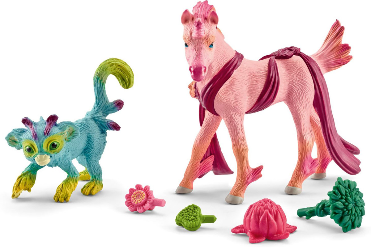 Schleich Набор фигурок Радужные животные 2 шт41439 Schleich Набор фигурок Радужные животные 2 шт41439Набор фигурок Schleich Радужные животные непременно понравится вашему ребенку и всем любителям коллекции эльфов от Schleich. В набор входят фигурки радужной обезьянки Шалу и единорога Мирель, а также сказочные лакомства для них. Шалу - яркая радужная обезьянка. Она умеет быстро перемещаться по деревьям острова Байяла, любит общаться с эльфами и веселить их жонглированием яблочками. Эльфы благодарят ее и гладят по спинке. У Шалу есть лучший друг - жеребенок единорога по имени Мирель. Маленький единорог любит играть с детьми эльфов. Иногда Шалу приносит сладкие лесные фрукты и овощи для своего друга. Прекрасно выполненные фигурки эльфов и сказочных персонажей отличаются высочайшим качеством игрушек ручной работы.