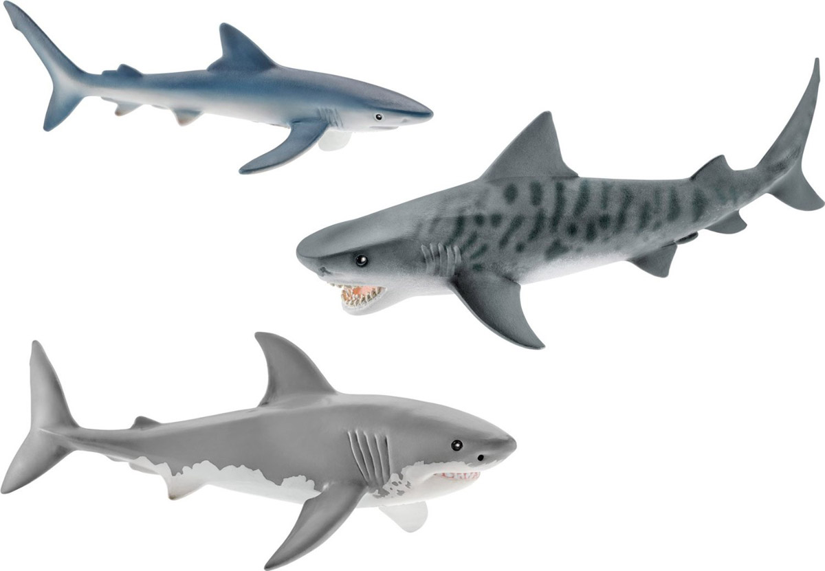 Schleich Набор фигурок Акулы 3 шт41448 Schleich Набор фигурок Акулы 3 шт41448Набор фигурок Schleich Акулы придется по душе вашему ребенку! Прекрасно выполненные фигурки отличаются высочайшим качеством игрушек ручной работы. В набор входят 3 фигурки самых опасных акул на нашей планете: белая, синяя и тигровая. Набор позволит познакомить ребенка с морскими обитателями и рассказать об этих хищных рыбах. Каждая фигурка разработана с учетом исследований в области педагогики и производится как настоящее произведение для маленьких детских ручек. Сюжетно-ролевые игры с фигурками развивают фантазию и воображение ребенка. Фигурки Schleich - превосходный педагогический материал для использования дома и в образовательных учреждениях.