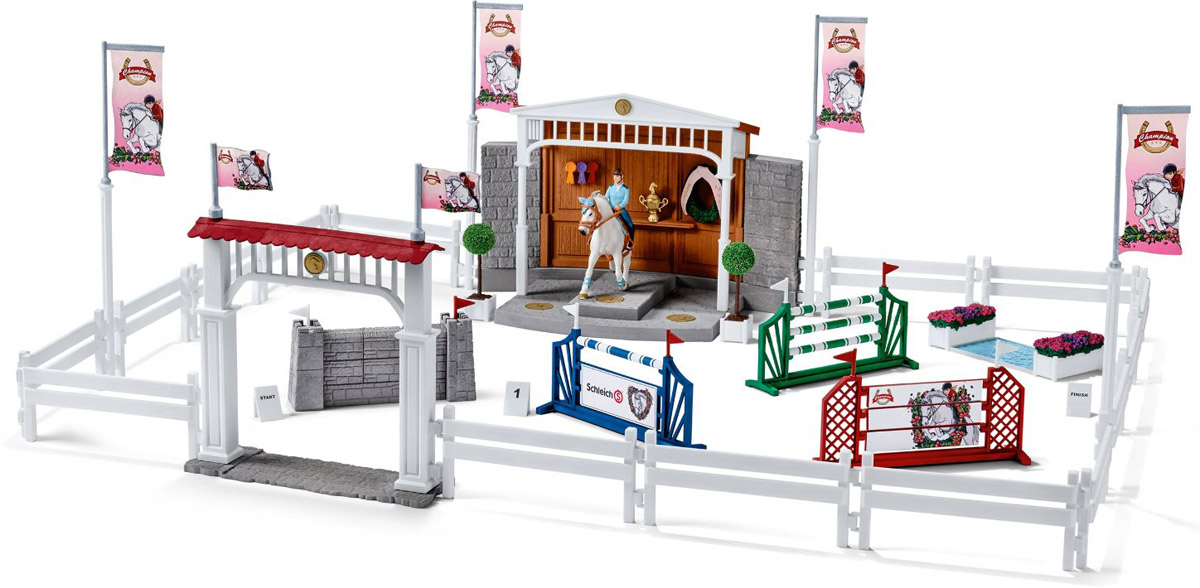 Schleich Игровой набор Большая конная арена42160 Schleich Игровой набор Большая конная арена42160Восхитительный игровой набор Schleich Большая конная арена приведет в восторг всех любителей игрушечных лошадей и наездниц. Набор позволит ребенку устроить увлекательные соревнования со своими любимыми лошадками. Превосходная белоснежная арена, яркие декоративные элементы и интересные препятствия понравятся каждому поклоннику фигурок лошадок Schleich и подойдут для создания реалистичных игр. В набор входят детали для сборки игровой арены, ворота, препятствия и пьедестал победителя. Фигурка наездницы с лошадью также в комплект! Набор выполнен из прочных качественных материалов, безопасных для детей.