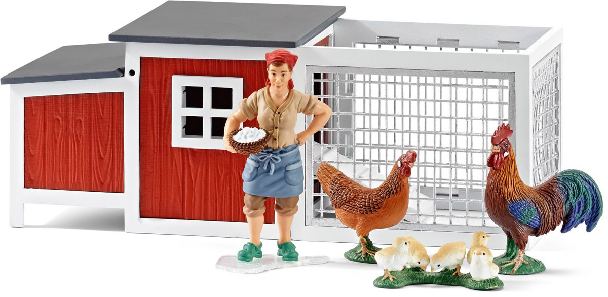 Schleich Курятник42191 Schleich Курятник42191Игрушечный курятник Schleich поможет создать интересное игровое пространство для своих любимых игрушечных питомцев. Прочный и реалистично выполненный курятник состоит из двух частей: небольшого домика с окошком и загона. Крыша домика открывается. Внутри находится несколько разделенных между собой комнаток. Части набора легко соединяются между собой белой лесенкой. Набор можно переносить и стыковать с другими сооружениями. Небольшой курятник выполнен очень реалистично. Все детали курятника изготовлены и высококачественного каучукового пластика. Фигурки, представленные на фото, продаются отдельно.