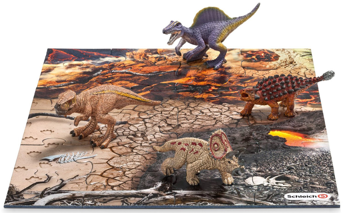 Schleich Набор фигурок Динозавры 4 шт + пазл Исследование42212 Schleich Набор фигурок Динозавры 4 шт + пазл Исследование42212Набор фигурок Schleich Динозавры приведет в восторг всех любителей динозавров и доисторических животных. В набор входят тираннозавр Рекс, спинозавр, трицератопс, сайшания. Великолепные фигурки динозавров выполнены очень детализировано. Они позволят ребенку придумать множество захватывающих игр со своими любимыми древними обитателями. Фигурки выполнены из качественного каучукового пластика, который безопасен для детей и не вызывает аллергию. В комплект с фигурками динозавров входят также 24 элемента для сборки пазла, на котором ребенок сможет расставить фигурки и начать свою захватывающую игру. Набор станет достойным пополнением красочной коллекции игрушек, восхищающей детей и взрослых во всем мире.