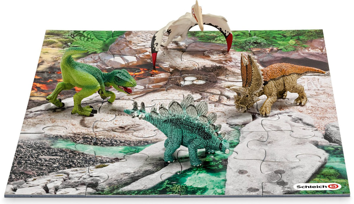 Schleich Набор фигурок Динозавры 4 шт + пазл Лавовые поля42213 Schleich Набор фигурок Динозавры 4 шт + пазл Лавовые поля42213Набор фигурок Schleich Динозавры приведет в восторг всех любителей динозавров и доисторических животных. В набор входят тираннозавр Рекс, пентацератопс, стегозавр и кетцалькоатль. Великолепные фигурки динозавров выполнены качественно и детализировано. Они позволят ребенку придумать множество захватывающих игр со своими любимыми древними обитателями. Фигурки изготовлены из каучукового пластика, который безопасен для детей и не вызывает аллергию. В набор также входят 24 элемента для сборки пазла, на котором ребенок сможет расставить фигурки и начать свою захватывающую игру. Набор станет достойным пополнением красочной коллекции игрушек Schleich.
